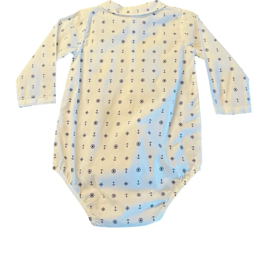 Rachel Riley White Long-Sleeve Nautical Anchor Print One-Piece